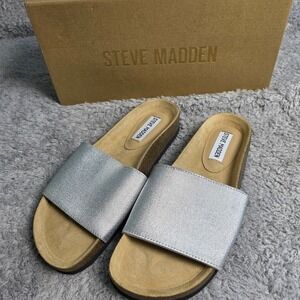 Steve Madden Gravity Silver Metallic Stretch Slide Sandals‎ Cork Platform 7M NIB